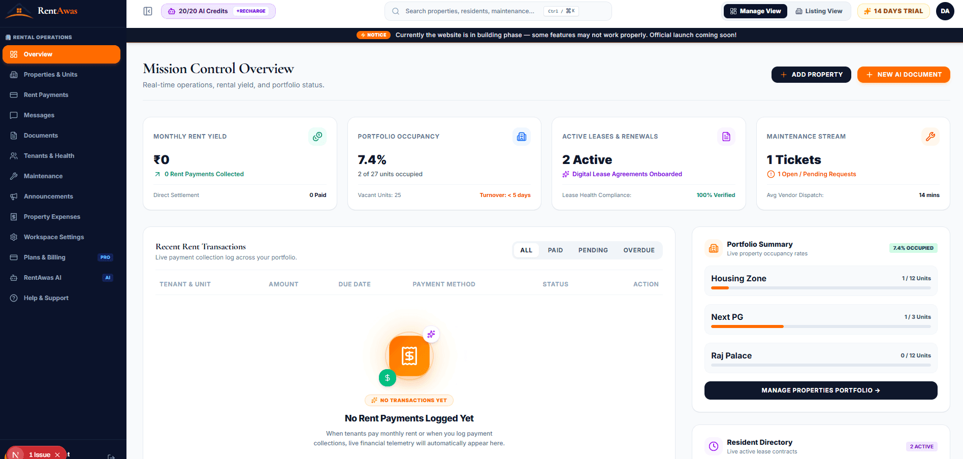 RentAwas property management dashboard